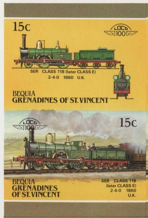 Bequia Locomotives (5th series) 15c 1860 SER Class 118 (Later Class E) 2-4-0 Final Stage Progressive Color Proof Stamp Pair