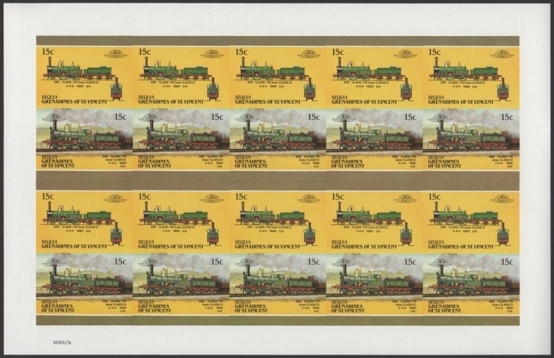 Bequia Locomotives (5th series) 15c 1860 SER Class 118 (Later Class E) 2-4-0 Final Stage Progressive Color Proof Stamp Pane