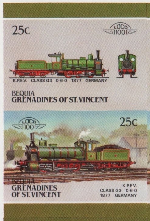 Bequia Locomotives (5th series) 25c 1877 K.P.E.V. Class G3 0-6-0 Final Stage Progressive Color Proof Stamp Pair
