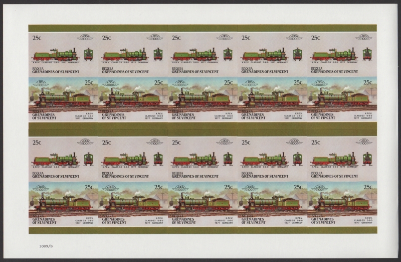 Bequia Locomotives (5th series) 25c 1877 K.P.E.V. Class G3 0-6-0 Final Stage Progressive Color Proof Stamp Pane
