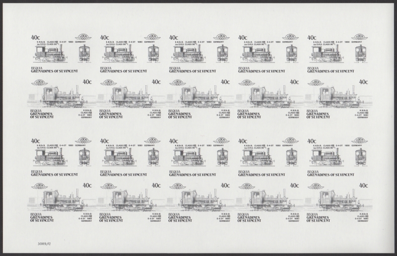 Bequia Locomotives (5th series) 40c Black Stage Progressive Color Proof Pane