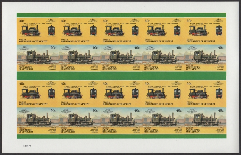 Bequia Locomotives (5th series) 40c 1880 K.B.St.B. Class D Ⅵ 0-4-0T Final Stage Progressive Color Proof Stamp Pane
