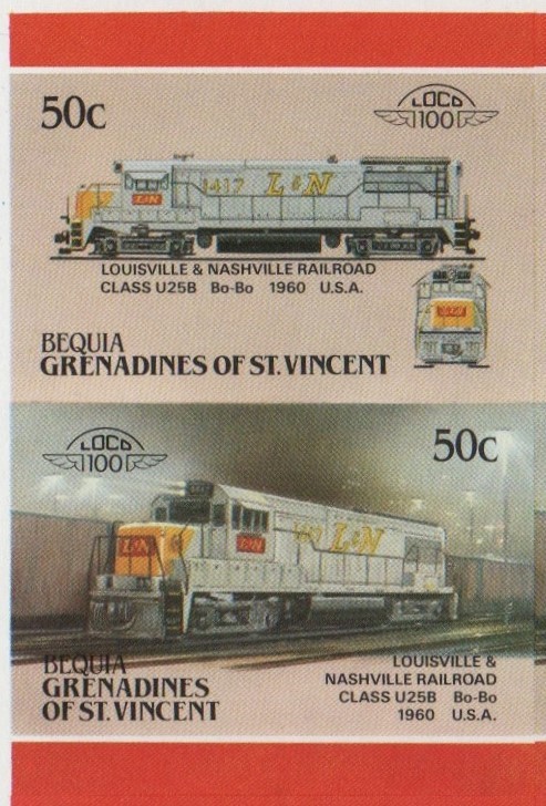 Bequia Locomotives (5th series) 50c 1960 Louisville & Nashville Railroad Class U25B Bo-Bo Final Stage Progressive Color Proof Stamp Pair