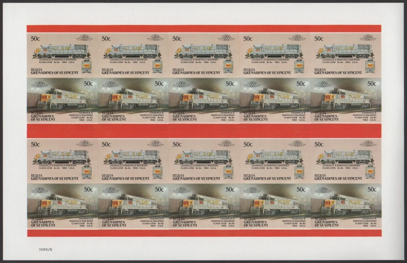 Bequia Locomotives (5th series) 50c 1960 Louisville & Nashville Railroad Class U25B Bo-Bo Final Stage Progressive Color Proof Stamp Pane