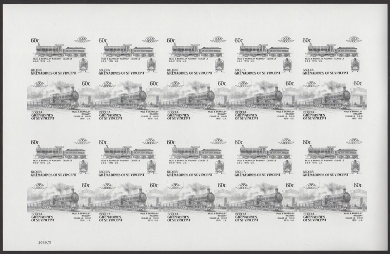 Bequia Locomotives (5th series) 60c Black Stage Progressive Color Proof Pane