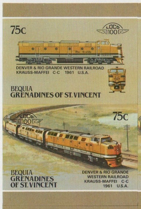 Bequia Locomotives (5th series) 75c 1961 Denver & Rio Grande Western Railroad Krauss-Maffei C-C Final Stage Progressive Color Proof Stamp Pair