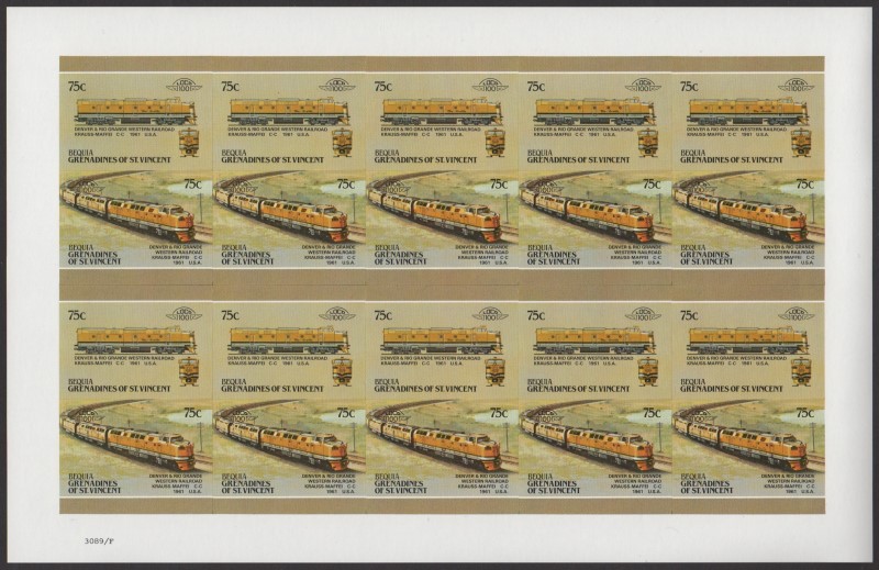 Bequia Locomotives (5th series) 75c 1961 Denver & Rio Grande Western Railroad Krauss-Maffei C-C Final Stage Progressive Color Proof Stamp Pane
