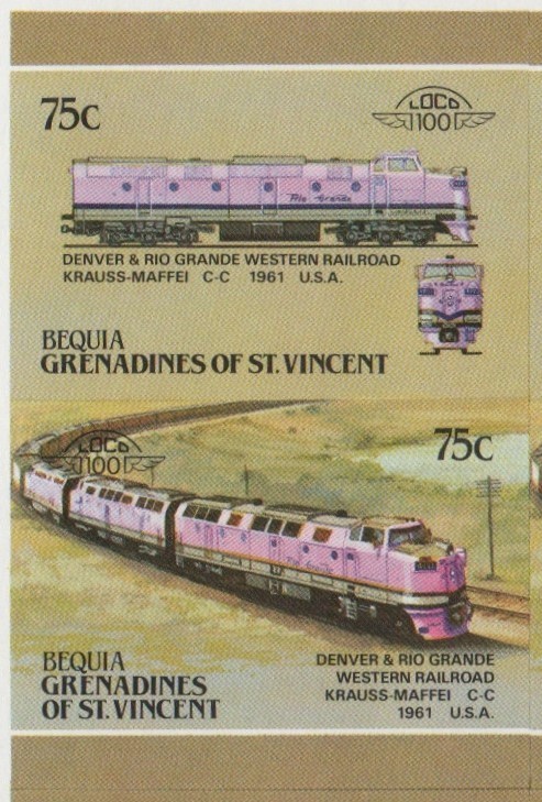 Bequia Locomotives (5th series) 75c 1961 Denver & Rio Grande Western Railroad Krauss-Maffei C-C Final Stage Missing Yellow Error Progressive Color Proof Stamp Pair