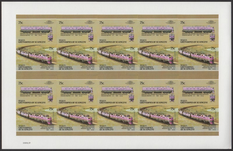 Bequia Locomotives (5th series) 75c 1961 Denver & Rio Grande Western Railroad Krauss-Maffei C-C Final Stage Missing Yellow Error Progressive Color Proof Stamp Pane
