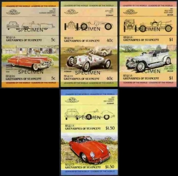 1984 Bequia Leaders of the World, Automobiles (1st series) Imperforate SPECIMEN Overprinted Stamps