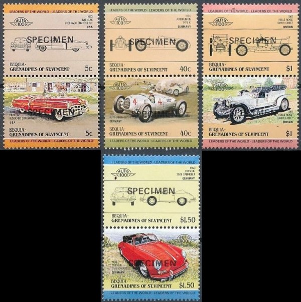 1984 Bequia Leaders of the World, Automobiles (1st series) SPECIMEN Overprinted Stamps