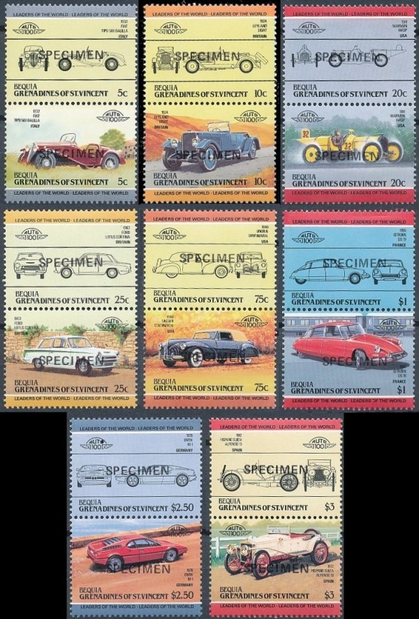 1984 Bequia Leaders of the World, Automobiles (2nd series) SPECIMEN Overprinted Stamps