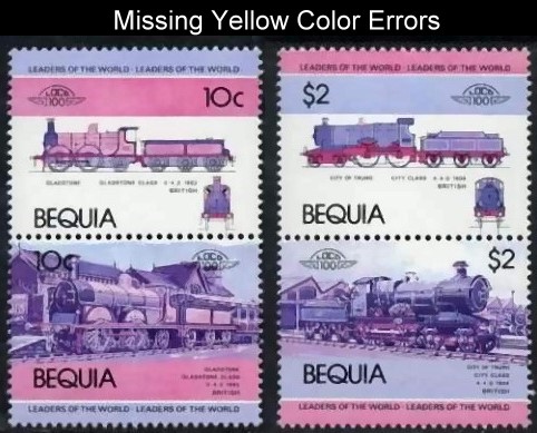 1984 Bequia Leaders of the World, Locomotives (1st series) Missing Yellow Error Stamps