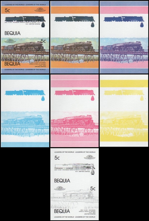 1984 Bequia Leaders of the World, Locomotives (1st series) Progressive Color Proof Stamps