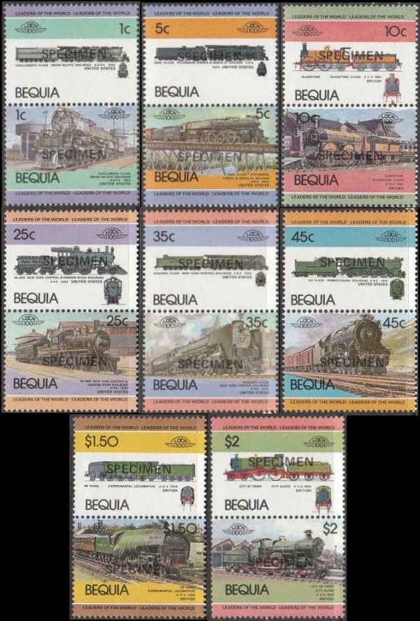 1984 Bequia Leaders of the World, Locomotives (1st series) SPECIMEN Overprinted Stamps