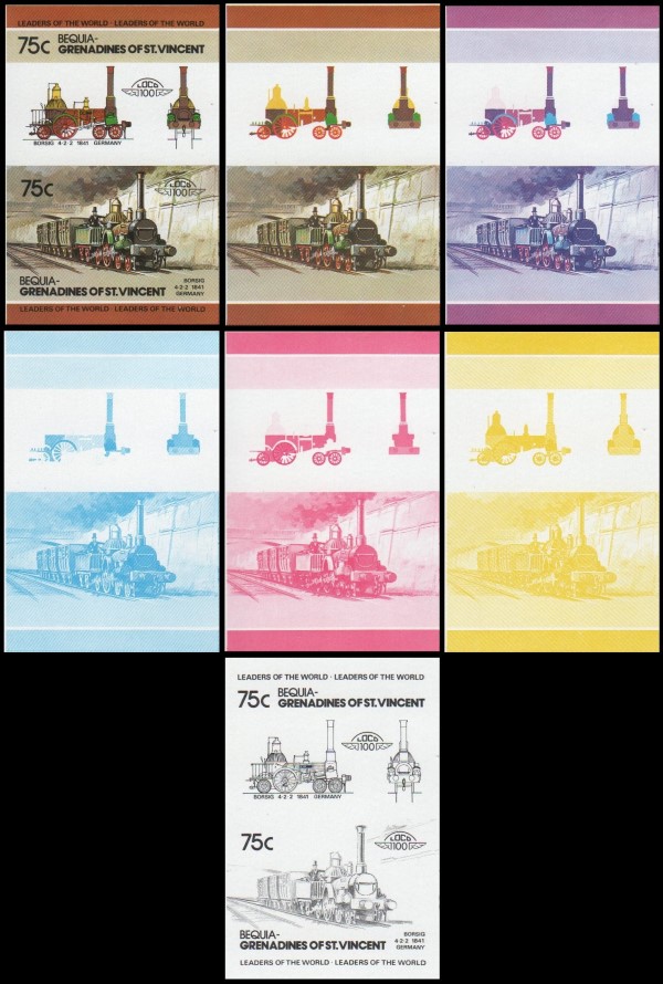 1984 Bequia Leaders of the World, Locomotives (2nd series) Progressive Color Proof Stamps