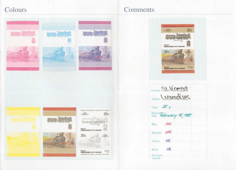 1985 Bequia Leaders of the World, Locomotives (3rd series) Fake 25c Proof Presentation Card
