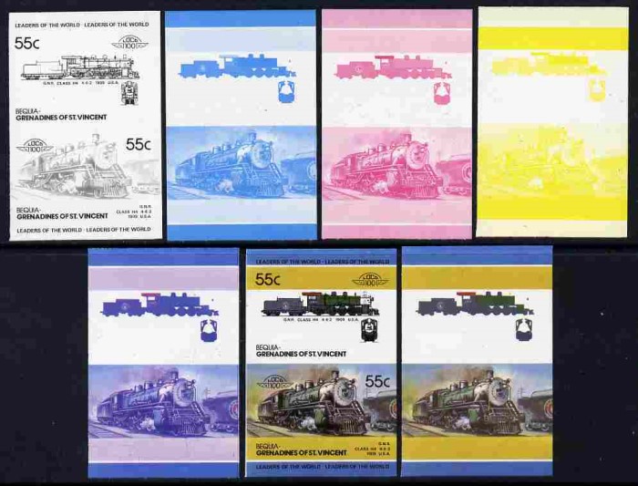 1985 Bequia Leaders of the World, Locomotives (4th series) Progressive Color Proof Stamps