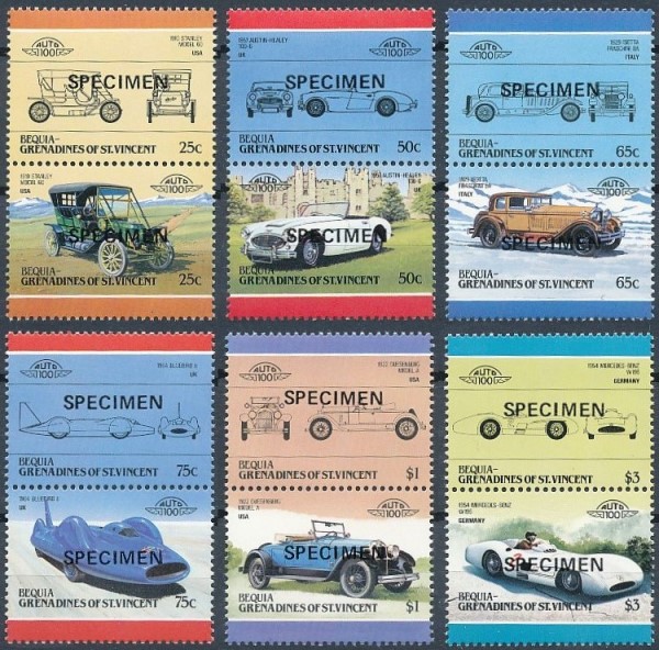1986 Bequia Leaders of the World, Automobiles (5th series) SPECIMEN Overprinted Stamps