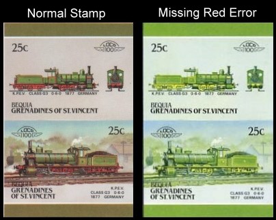 1987 Bequia Leaders of the World, Locomotives (5th series) Scott 11 Missing Red Error Stamp