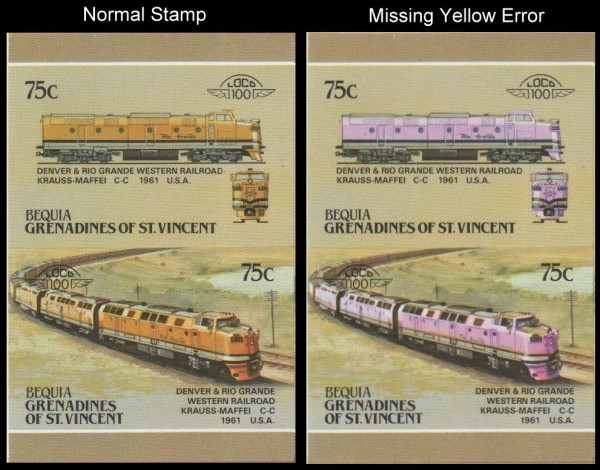 1987 Bequia Leaders of the World, Locomotives (5th series) Scott 24 Missing Yellow Error Stamp