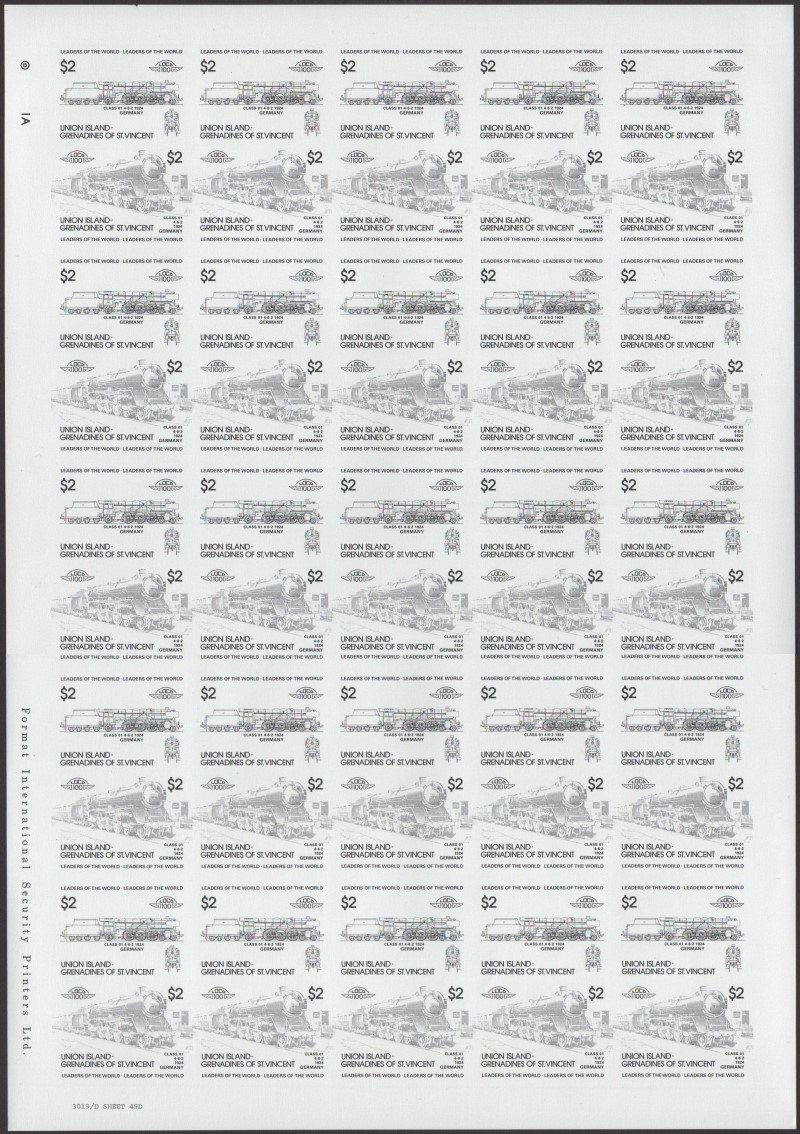 Union Island Locomotives (1st series) $2.00 Black Stage Progressive Color Proof Pane