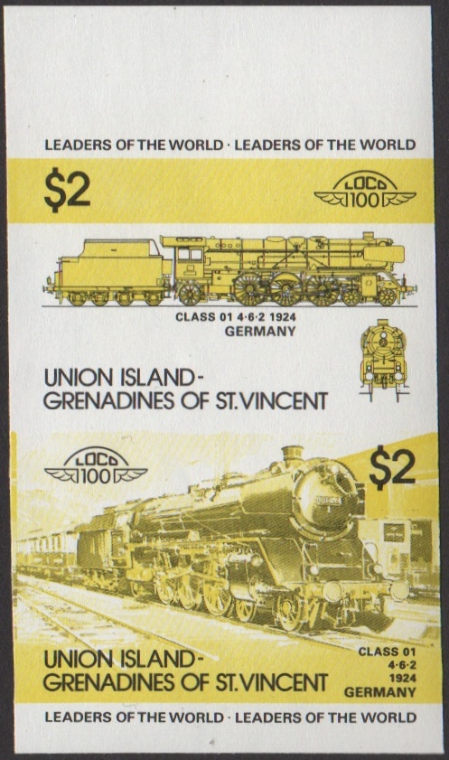 Union Island 1st Series $2.00 1924 Class 01 4-6-2 Locomotive Stamp Yellow and Black Stage Color Proof From 5-Stage Set