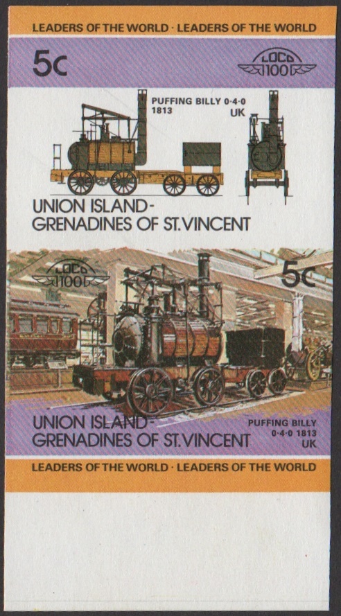 Union Island 1st Series 5c 1813 Puffing Billy 0-4-0 Locomotive Stamp Final Stage Color Proof From 5-Stage Set