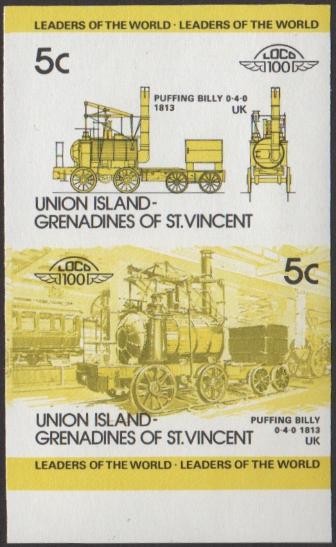 Union Island 1st Series 5c 1813 Puffing Billy 0-4-0 Locomotive Stamp Yellow and Black Stage Color Proof From 5-Stage Set