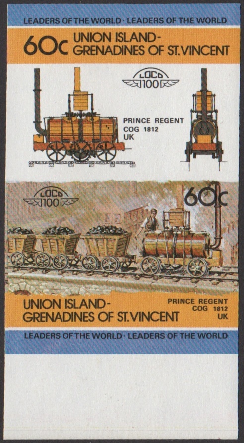 Union Island 1st Series 60c 1812 Prince Regent Cog Locomotive Stamp Final Stage Color Proof From 5-Stage Set