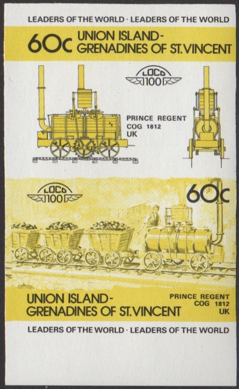 Union Island 1st Series 60c 1812 Prince Regent Cog Locomotive Stamp Yellow and Black Stage Color Proof From 5-Stage Set