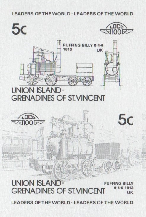 Union Island Locomotives (1st series) 5c Black Stage Progressive Color Proof Pair