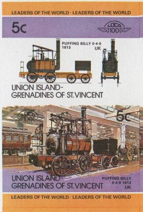 Union Island Locomotives (1st series) 5c 1813 Puffing Billy 0-4-0 Final Stage Progressive Color Proof Stamp Pair