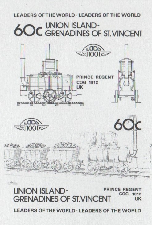 Union Island Locomotives (1st series) 60c Black Stage Progressive Color Proof Pair