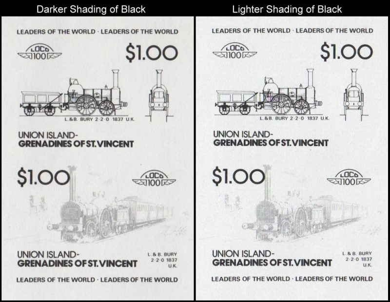 Union Island Locomotives (2nd series) $1.00 1837 L.&B. Bury 2-2-0 Black Stage Progressive Color Proof Stamp Variety