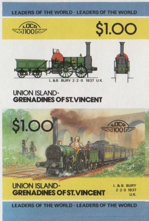 Union Island Locomotives (2nd series) $1.00 1837 L.&B. Bury 2-2-0 Final Stage Progressive Color Proof Stamp Pair