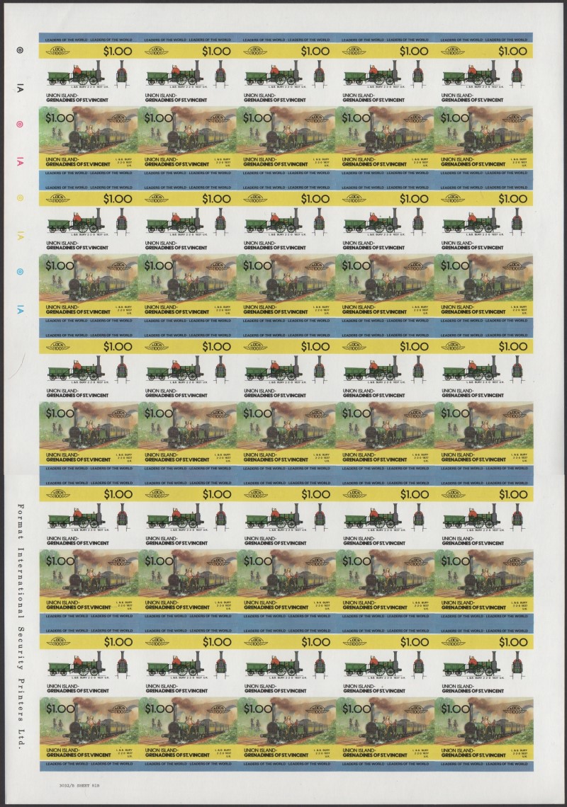 Union Island Locomotives (2nd series) $1.00 1837 L.&B. Bury 2-2-0 Final Stage Progressive Color Proof Stamp Pane