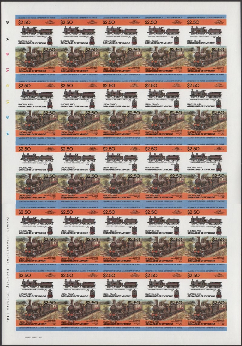 Union Island Locomotives (2nd series) $2.50 1873 Hardwicke Precedent Class 2-4-0 Final Stage Progressive Color Proof Stamp Pane
