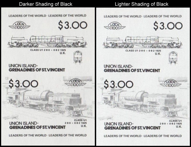 Union Island Locomotives (2nd series) $3.00 1925 Class U1 2-8-0 + 0-8-2 Black Stage Progressive Color Proof Stamp Variety