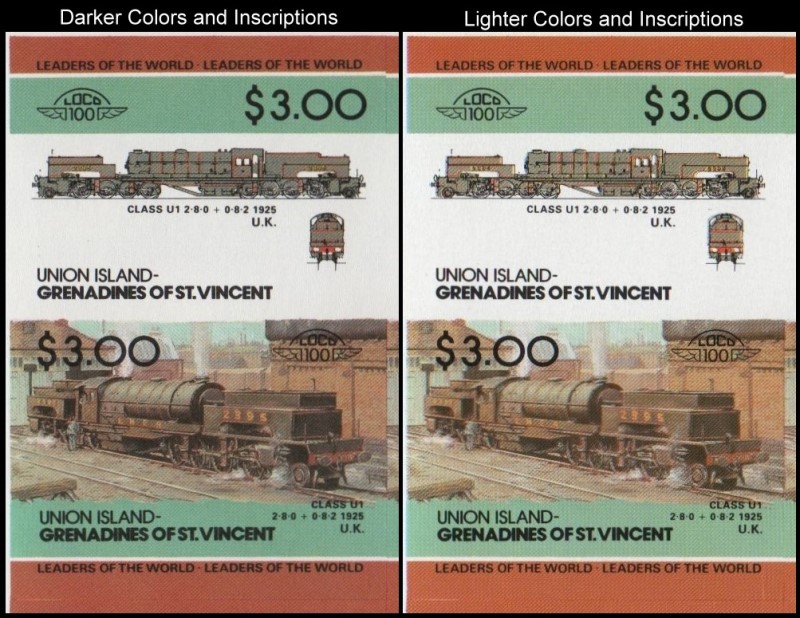 Union Island Locomotives (2nd series) $3.00 1925 Class U1 2-8-0 + 0-8-2 Final Stage Progressive Color Proof Stamp Variety