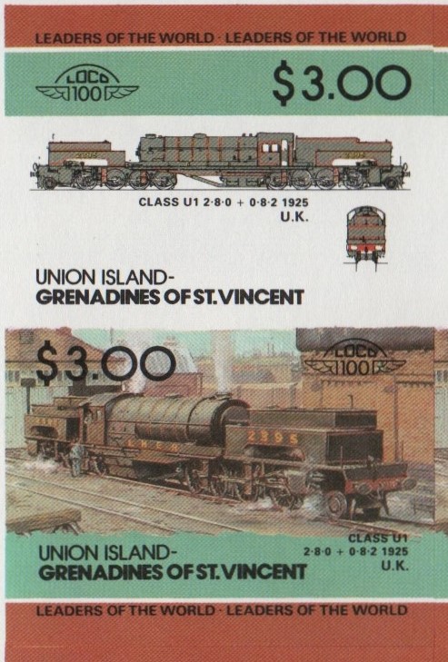 Union Island Locomotives (2nd series) $3.00 1925 Class U1 2-8-0 + 0-8-2 Final Stage Progressive Color Proof Stamp Pair