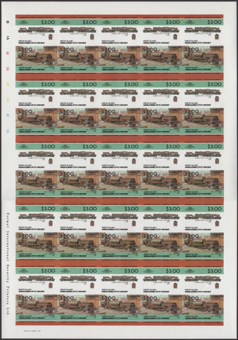Union Island Locomotives (2nd series) $3.00 1925 Class U1 2-8-0 + 0-8-2 Final Stage Progressive Color Proof Stamp Pane