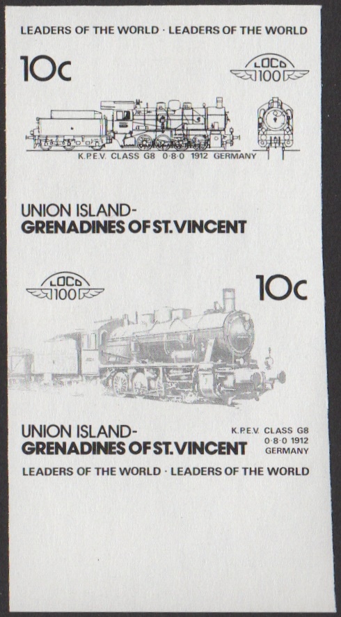 Union Island 2nd Series 10c 1912 K.P.E.V. Class G8 0-8-0 Locomotive Stamp Black Stage Color Proof From 6-Stage Set
