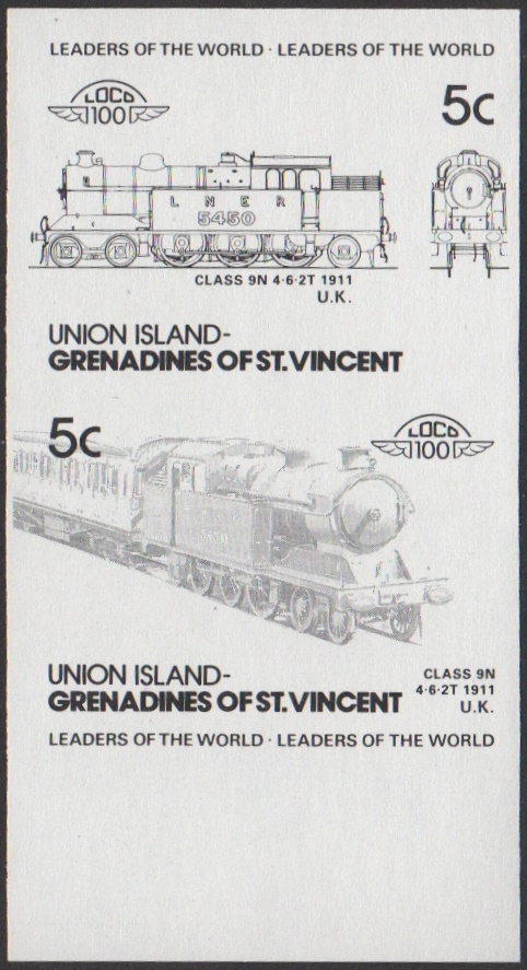 Union Island 2nd Series 5c 1911 Class 9N 4-6-2T Locomotive Stamp Black Stage Color Proof From 6-Stage Set