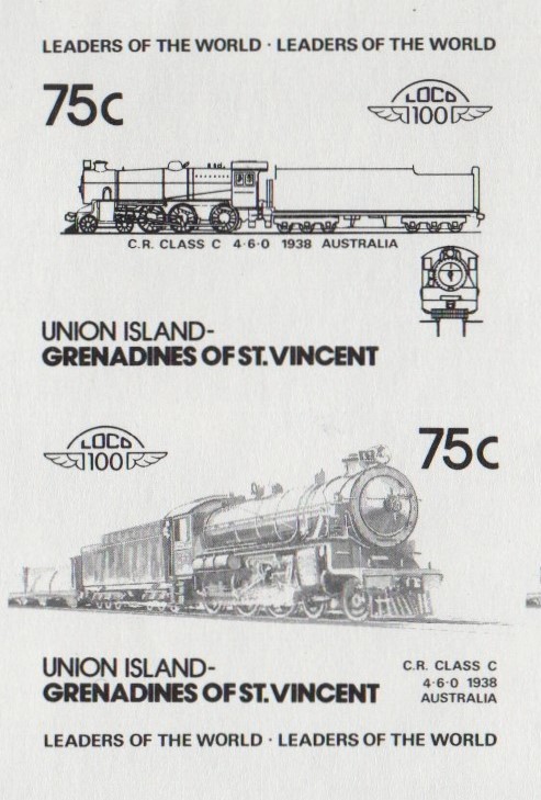 Union Island Locomotives (2nd series) 75c Black Stage Progressive Color Proof Pair