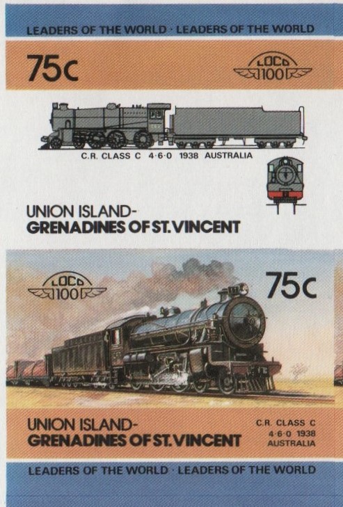 Union Island Locomotives (2nd series) 75c 1938 C.R. Class C 4-6-0 Final Stage Progressive Color Proof Stamp Pair