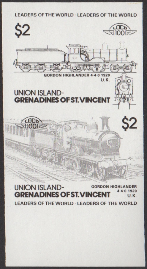 Union Island 3rd Series $2.00 1920 Gordon Highlander 4-4-0 Locomotive Stamp Black Stage Color Proof From 6-Stage Set