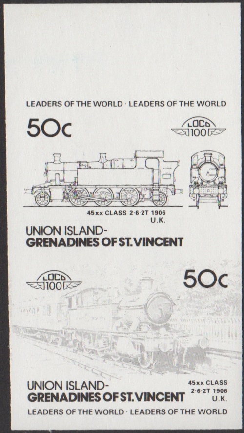 Union Island 3rd Series 50c 1906 45xx Class 2-6-2T Locomotive Stamp Black Stage Color Proof From 6-Stage Set