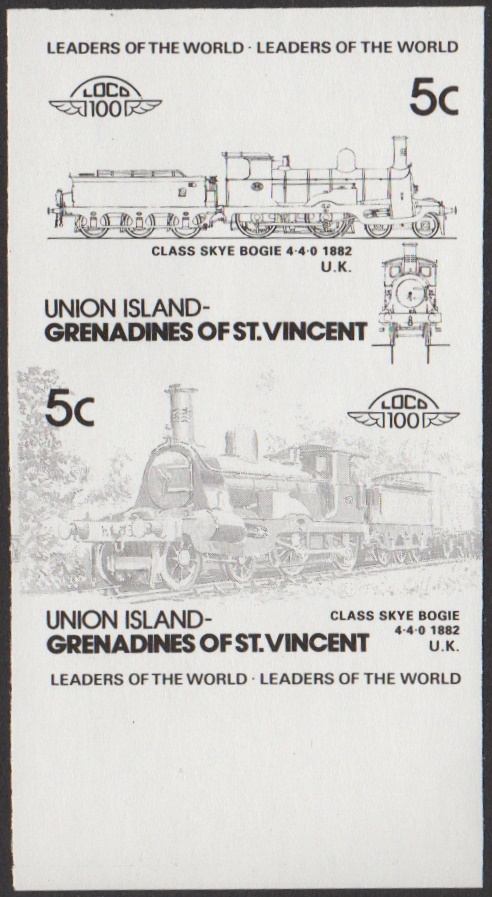Union Island 3rd Series 5c 1882 Class Skye Bogie 4-4-0 Locomotive Stamp Black Stage Color Proof From 6-Stage Set