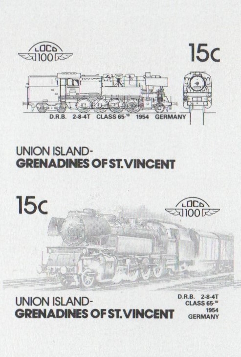 Union Island Locomotives (4th series) 15c Black Stage Progressive Color Proof Pair